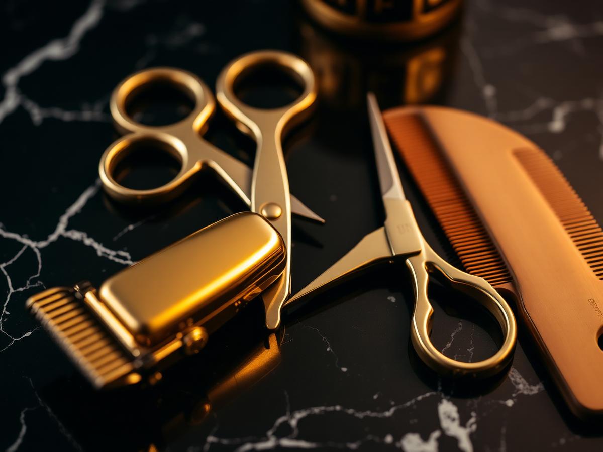 Gold barber clippers, scissors and comb on black marble